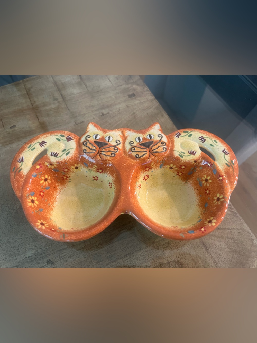 Bella Casa by Ganz orange ceramic double bowl dish Cat -